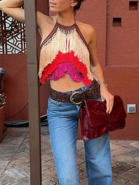 Multicolor Casual Women's Boho Crochet Fringe Halter Crop Tank Top - Picture 5 of 7